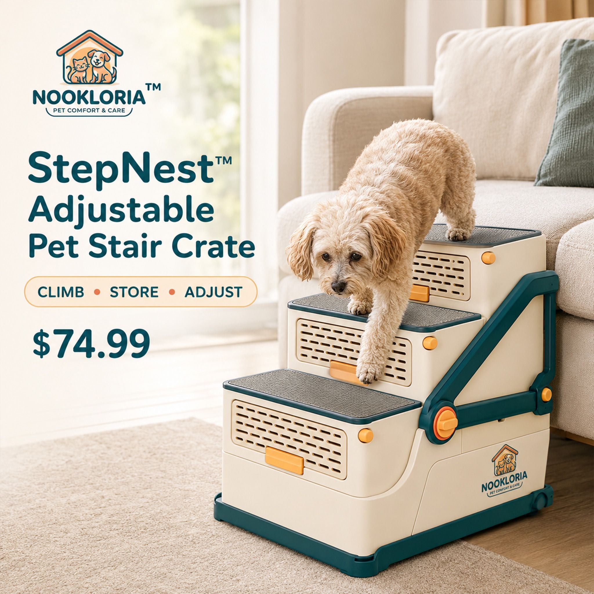 Nookloria™StepNest™ Adjustable Pet Stair Crate